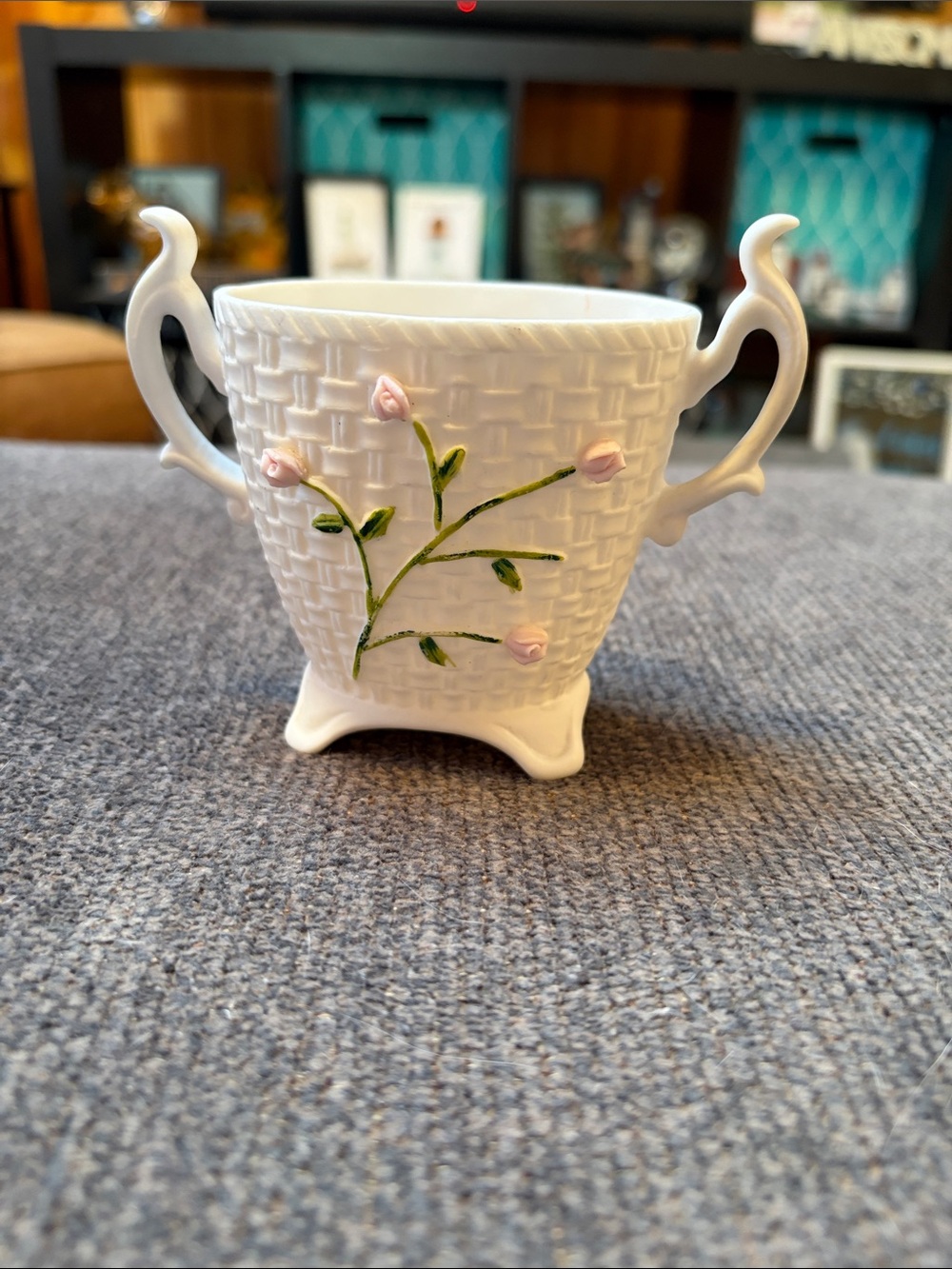I.W Rice & Co Inc White Porcelain Planter with Pink Rosebud Accents